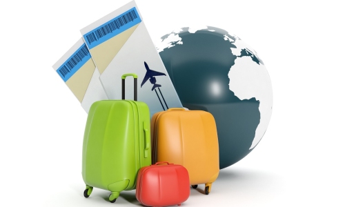 3d illustration: Land and a group of suitcases. To take a vacation rental