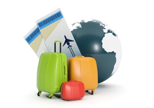 3d illustration: Land and a group of suitcases. To take a vacation rental